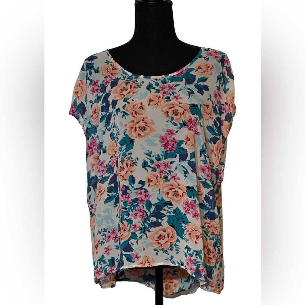 Torrid Floral Chiffon Bow Back Blouse Top Sz 00 Pink Blue Roses 🌸✨